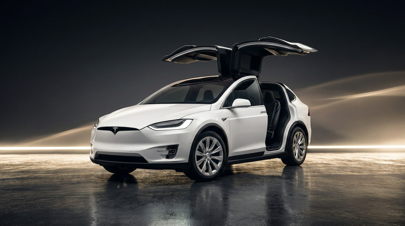 White Tesla Model X with falcon-wing doors open